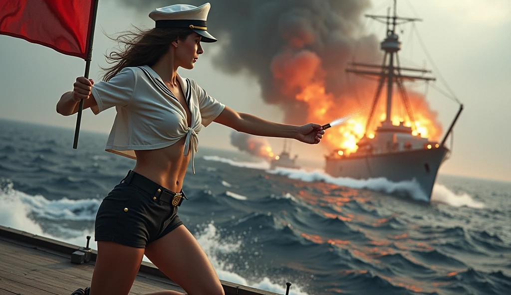 A beautiful, tall 28-year-old British woman with short bob hair., Jenny Agutter, Topless with bikini panties, Have a machine gun, Standing on the deck of a burning luxury cruise ship, Full body angle, An explosion and flames burst into flames, scattering debris., National Geographic Photos, Elevation, Art inspired by Gregg Lutkowski, Perfect Female Anatomy, Art Station HQ Art Germ with trendy sharp focus and smooth finish