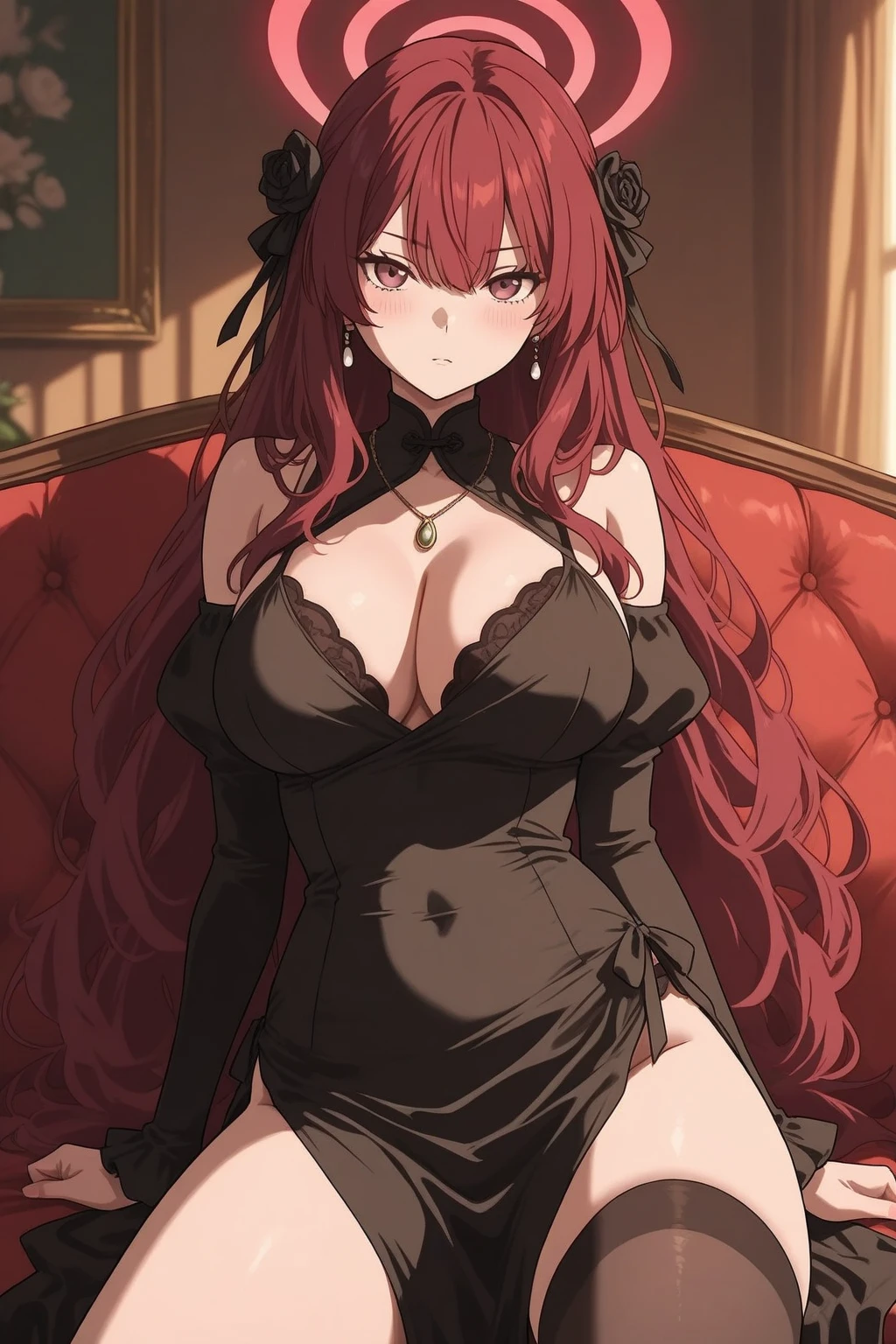 Create a 26-year-old anime girl with a violet ball gown with large breasts and wide hips with a landscape of a luxurious room with red hair and green eyes.