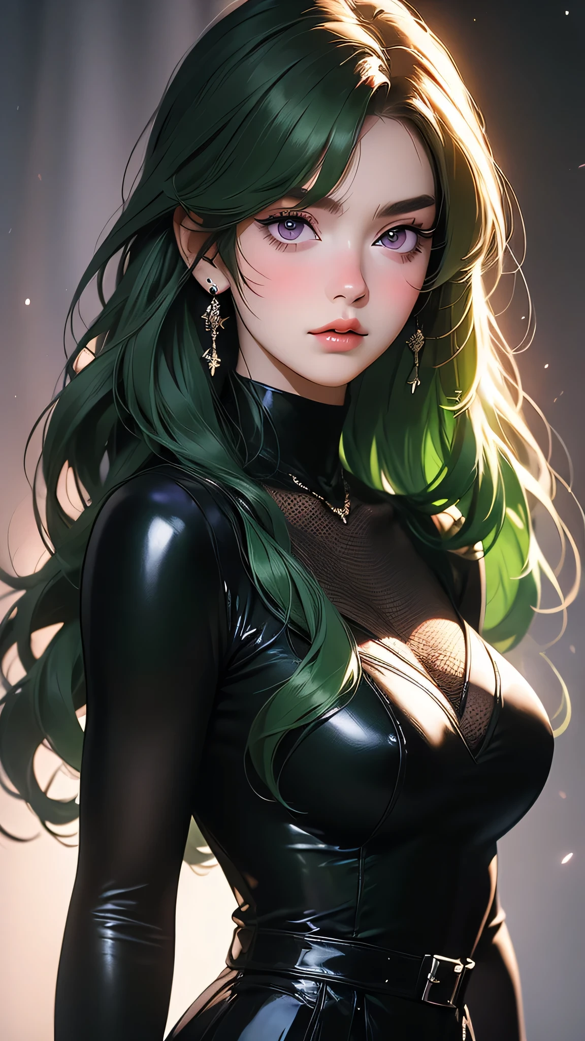 ((Masterpiece)), envision a 8k, highres, cinematic, extremely beautiful semi realistic close up portrait of a beautiful mature lady with a strong face, ((lazy eyes)), slender body, mean face, ((long green hair )), armored dress, blush, flustered, side locks, round face, long sweeping bangs, purple eyes, soft lips, lip gloss, thick eyebrows, round face, ((((1girl)))), in dark lighting, against a dark gray background