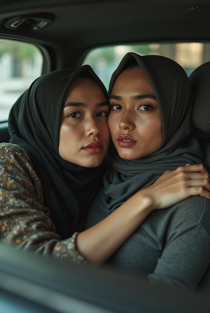 extreme close up of two beautiful teacher hijab indonesian lesbian girl laying down,bra and panties,hugging,french kiss,lesbian sex,,in a car
