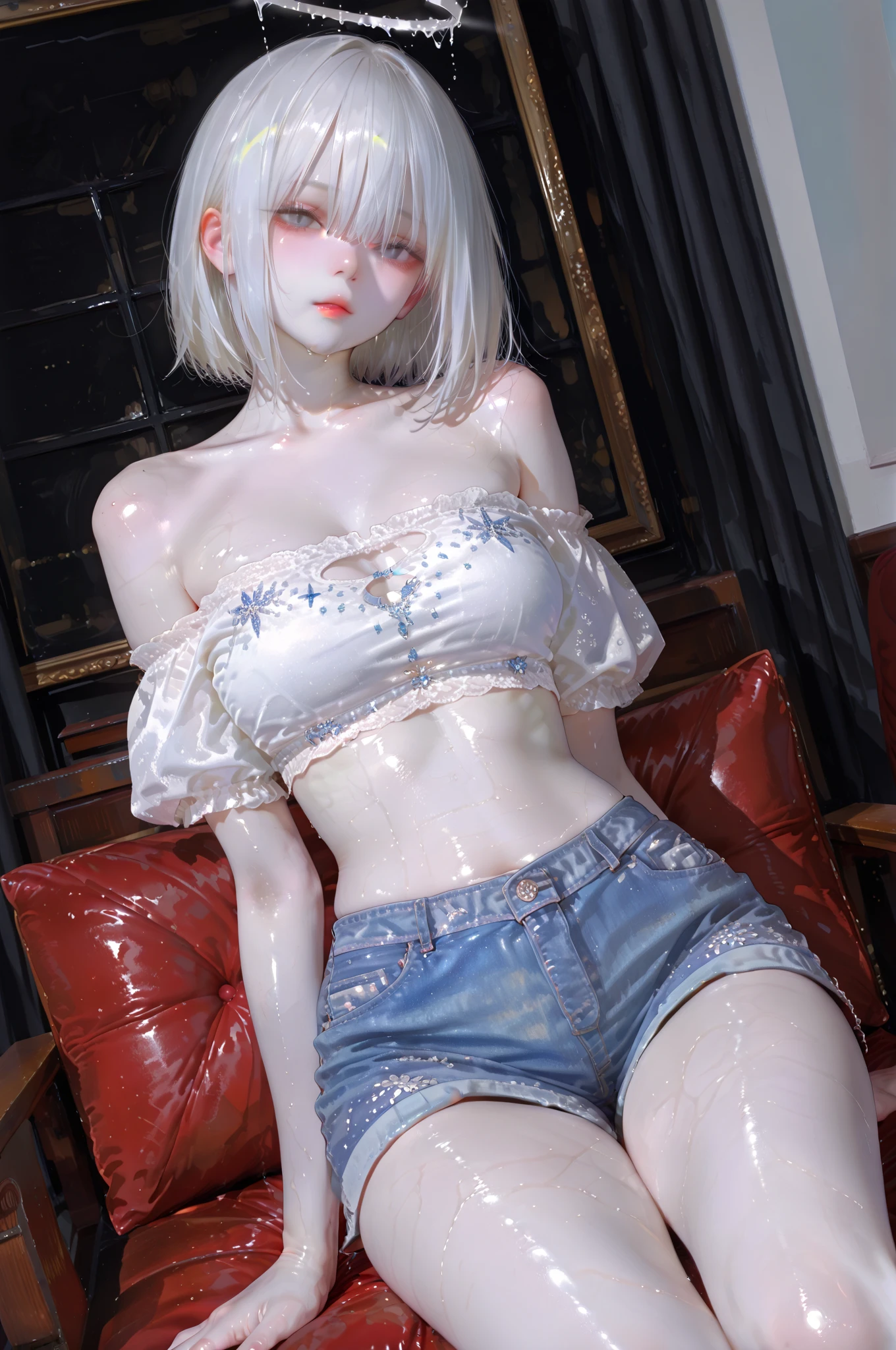 (Highest quality,High resolution,masterpiece:1.2),4k,8k,cowboy shot、Enlarge your eyes、Beautiful, clearly defined eyes、Highly detailed eyes and face、Draw your finger firmly、ahegao、Kindergarteners、(6 year old girl)),Small breasts、flat chest、 {{{{Small breasts}}}},Super large nipples、Super large areola、 Plump thighs、Completely naked、Silver Hair、Frame your face、Bobcut、Spread your legs、No underwear、Creampie、Shaved、full body、