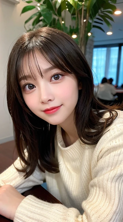 table top, highest quality, shape, Super detailed, finely, High resolution, 8k wallpaper, 完璧なダイナミックな構shape, beautiful and detailed eyes, Tokyo trend knit dress, small breasts, natural color lip,gentle smile,20 year old girl、beautiful and detailed face、perfect and beautiful face,Big eyes、beautiful and detailed face、perfect and beautiful double eyelids、blur the background、perfect and beautiful face、Feminine poses、blur background、slim face and style、blur the background、straight hair、Wear a luxurious mink coat、Bedroom（navy sheets）、lying on the bed、Smile