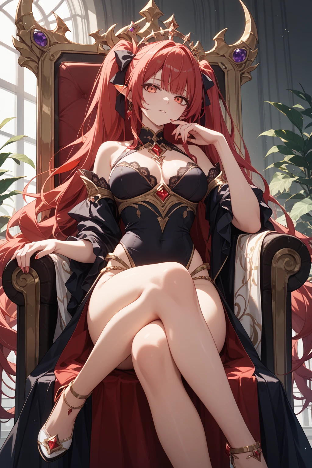 1girl, rias gremory, long hair, crimson long hair, reaches down to thighs with a single hair strand sticking out from the top hair also has loose bangs covering forehead and side bangs framing face, large breast, black lingerie, black bra, black lace panties, black garterbelt with stocking, looking at viewers, sit on bed, perfect finger shape, the number of fingers is not excessive
