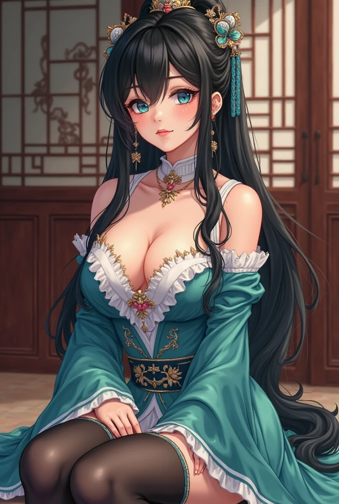 (Highest quality, masterpiece), Turquoise Screen Filter, (One girl, alone, Brown robes, expression, look up, Sitting, Wide sleeves, Iris, Mouth closed, Long Hair, Cowboy Shot), (sunny, Cosmos field, cloud), erotic, One slim woman, 25-year-old woman, huge firm bouncing busts, Pointed Chest, sexy long legs