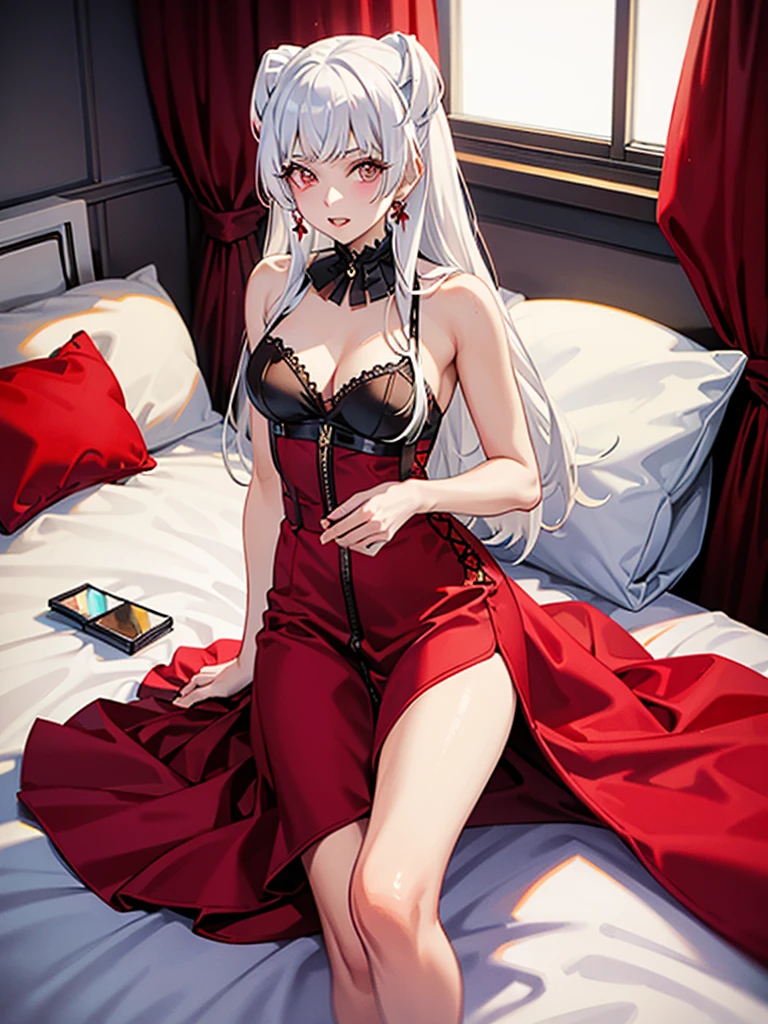 A fluffy red silk feather duvet, many huge silk body pillows, a luxurious and fluffy red silk bed, red silk sheets, 8k, best quality, high detailed, photorealistic, dramatic lighting, warm tones, luxurious, soft, plush, velvet, satin, velvety textures, elegant, sophisticated, premium, lavish, opulent, sumptuous, indulgent, exquisite, refined, lush, Pee stained. White chocolate sauce scattered throughout. high angle. White hair, fox ears, high angle, big tits