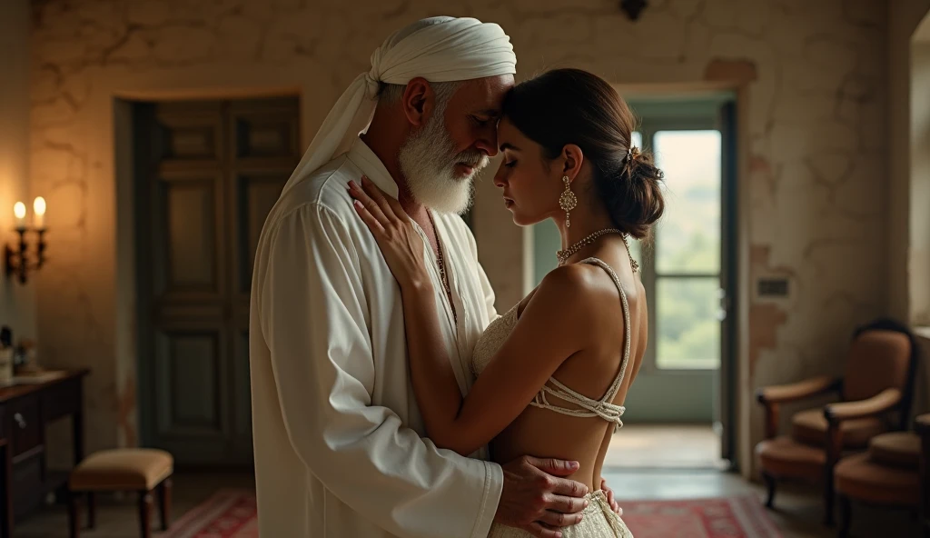 Girl, curvy hourglass body, wearing black hijab tube top,old muscular Hindu pandit, kissing in bathtub,