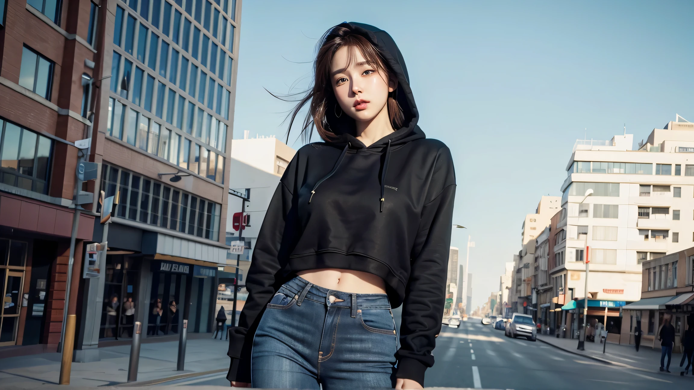 girl, of the city, distance, (afternoon:1.1), Raw,(8k, of the highest quality, masterpieces:1.2),(exquisite detail:1.4),(photorealistic:1.4),Octane Render, complex 3d render  portrait detailed, studio soft light, Rim light, Vivid details,  portrait detailed, Realistic skin texture, detailed face, beautiful, detailed eyes, Very detailed CG Unity 8K wallpaper, makeup, (detailed background in the middle of the rope:1.2), (cowboy shot:1.2),(familiar),(perfect :1.2),(black hoodie, long jeans:1.2), 
