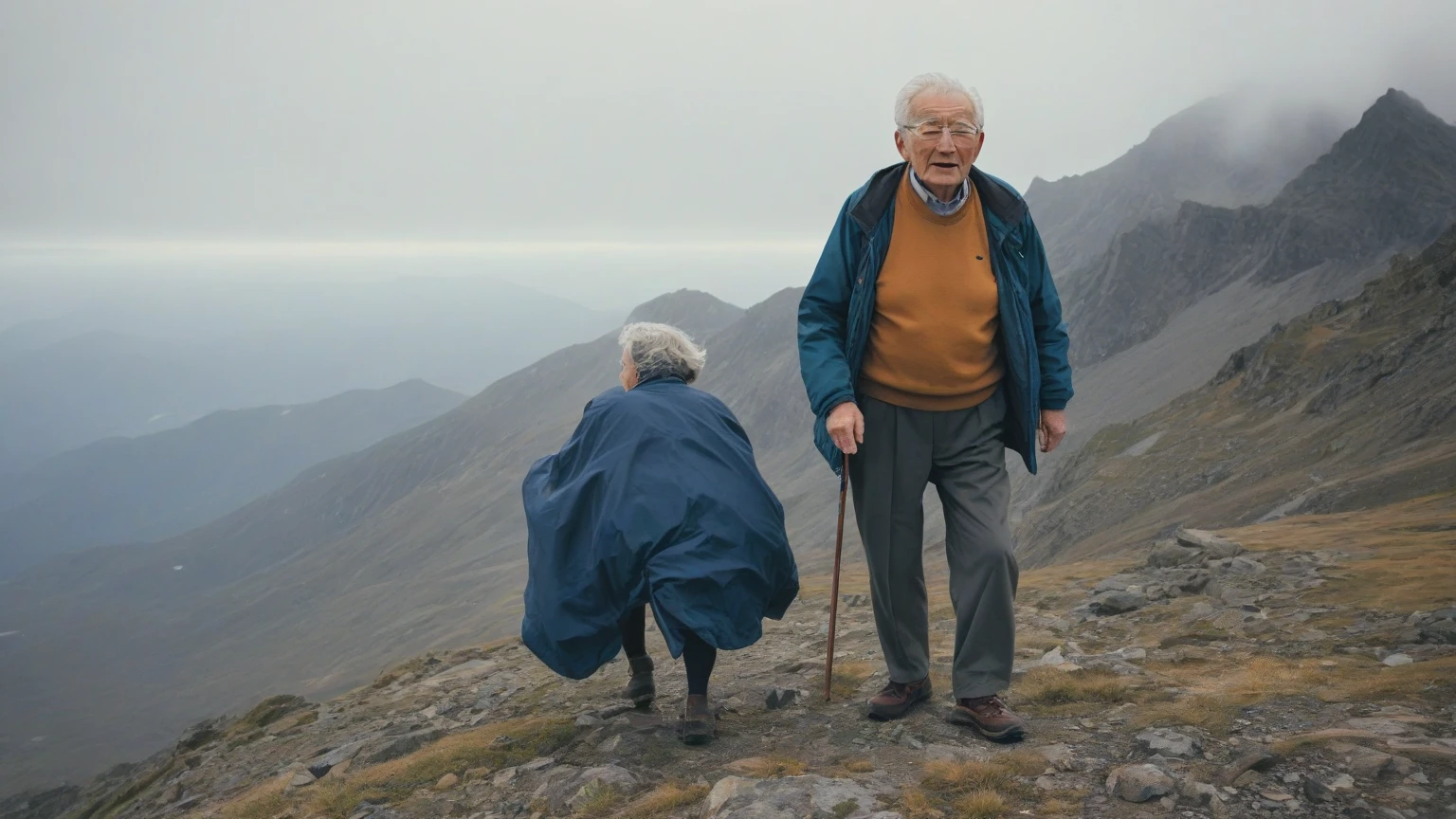 a perfect photo of an old married couple on their porch in the arctic blizzard, stormy skies