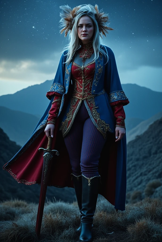 A beautiful photo of tween wearing a Norse style charcoal grey woolen gown with elegant pale azure blue princess style apron, runes of family, love, healing and protection are embroidered along it, with knee high stockings, white doeskin boots, and a beautiful cloak with silver white collar, has golden white hair. The hairstyle is elegant loose waves with a Dutch braided crown with a silver diamond circlet with a triforce gem, holding a magical axe, white leather magic bag, warrior princess, shadow cat is a pale grey-white, the color of thick mountain morning mist, beautiful curvy girl, 12k, ancient Norse, photorealistic, misty mountains village, large saggy breasts, wide hips, thick thighs, puffy nips
