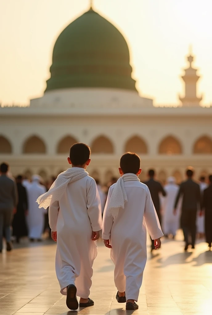 Islamic boys with green turbans infornt of green dome