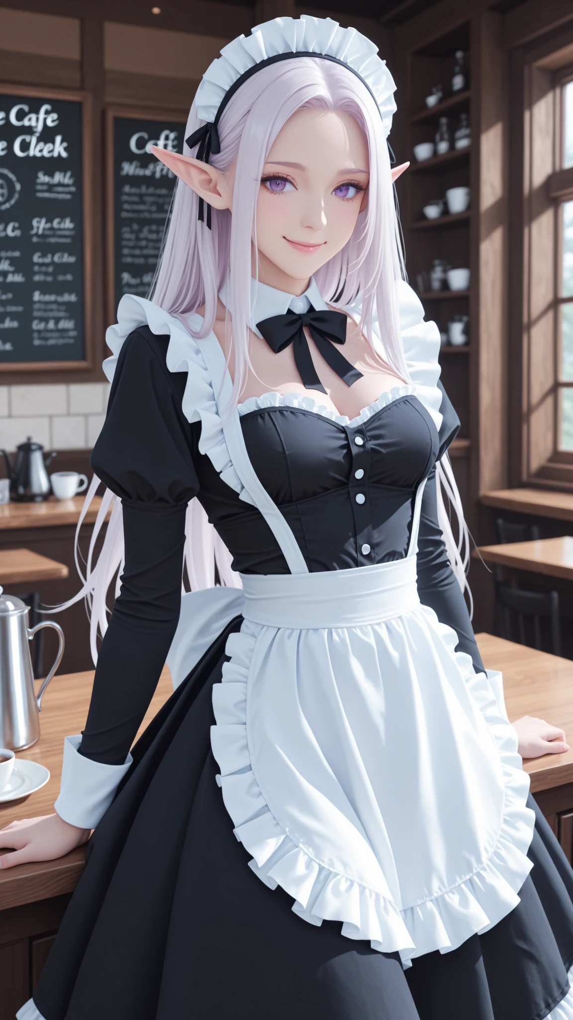 Ultra High Definition, master piece, Perfect Details, Elf Maid, black maid outfit with lots of frills, slender figure, small breasts, purple eyes, Pure white apron , bursting with a smile, Cafe Clerk Girl