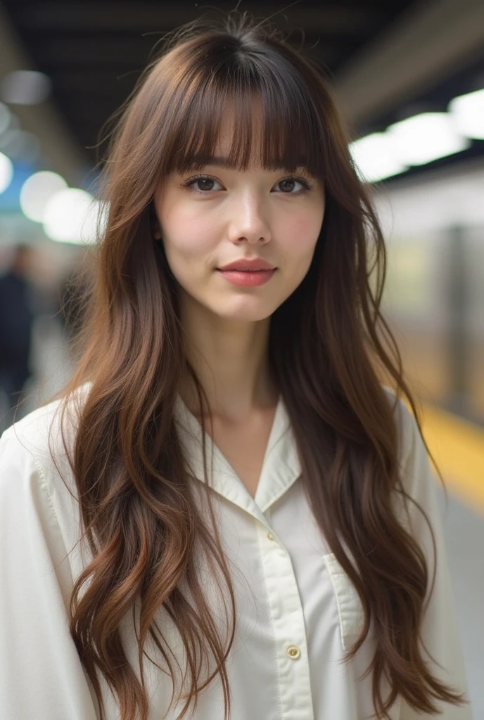 Best quality, 8k, ,Masterpiece :1.3)), facing viewer,((full body1.2)) ,pretty woman, wide shot ,1girl, , , rainy, , brown hair , bangs,ultra-detailed face, highly detailed lips, detailed eyes, double eyelid