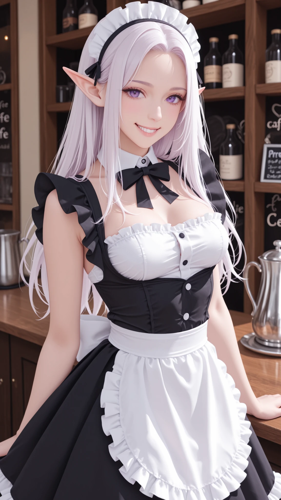 Ultra High Definition, master piece, Perfect Details, Elf Maid, black maid outfit with lots of frills, slender figure, small breasts, purple eyes, Pure white apron , bursting with a smile, Cafe Clerk Girl