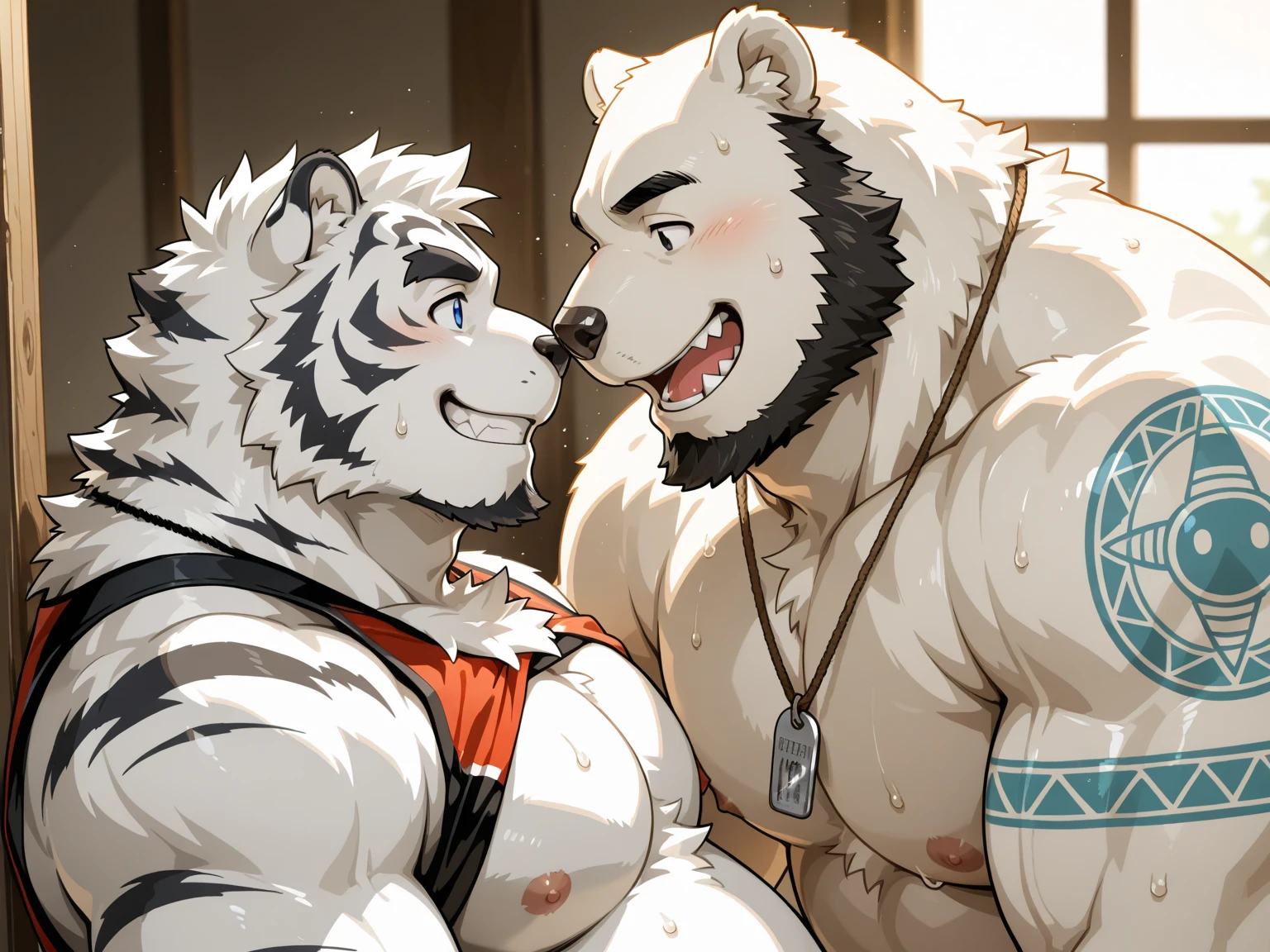 furry,tiger,wolf,polar bear,lion,gay,big penis, hyper muscular body ,touching,hand touching penis ,hand on chest,hand touching nipple,Tongue licking armpit,kissing with each other,foursome,hairy , Thick beard,cum,cum shot on chest and face ,large amount of chest hair、large amount of belly hair、large amount of armpit hair,Tongue licking,red tattoo,flirtatious facial expression, ,teacher in tank top,professor in tank top with necklace ,student, old man, , flexing armpit , ass leaking semen, ,orange eyes ,(detail perfect face and eyes ,have eyeballs),lie down,in the class room ,random fur, , flirting , big chest, ((huge hefty pecs):1.2),Split abs,(strong beefy muscular body), strong muscles, 8 pack, extremely hot and sexy, , Double Penetration, messy cum ,thighs up、legs stretched out ,Hands touching the crotch, great physique,Strong arms, manly, bodybuilder , (Fine veins:1.5), (shine body:1.5) , (Excessive sweating:1.7), (Sweat all over the body:1.7) ,(steaming breath:1.2),,inflation, excessive cum, ,Bondage,((Ultra High Quality)), ((masterpiece)), ((Ultra detailed)), ((4k)),Perfect detailed features , 2D, Hand drawn