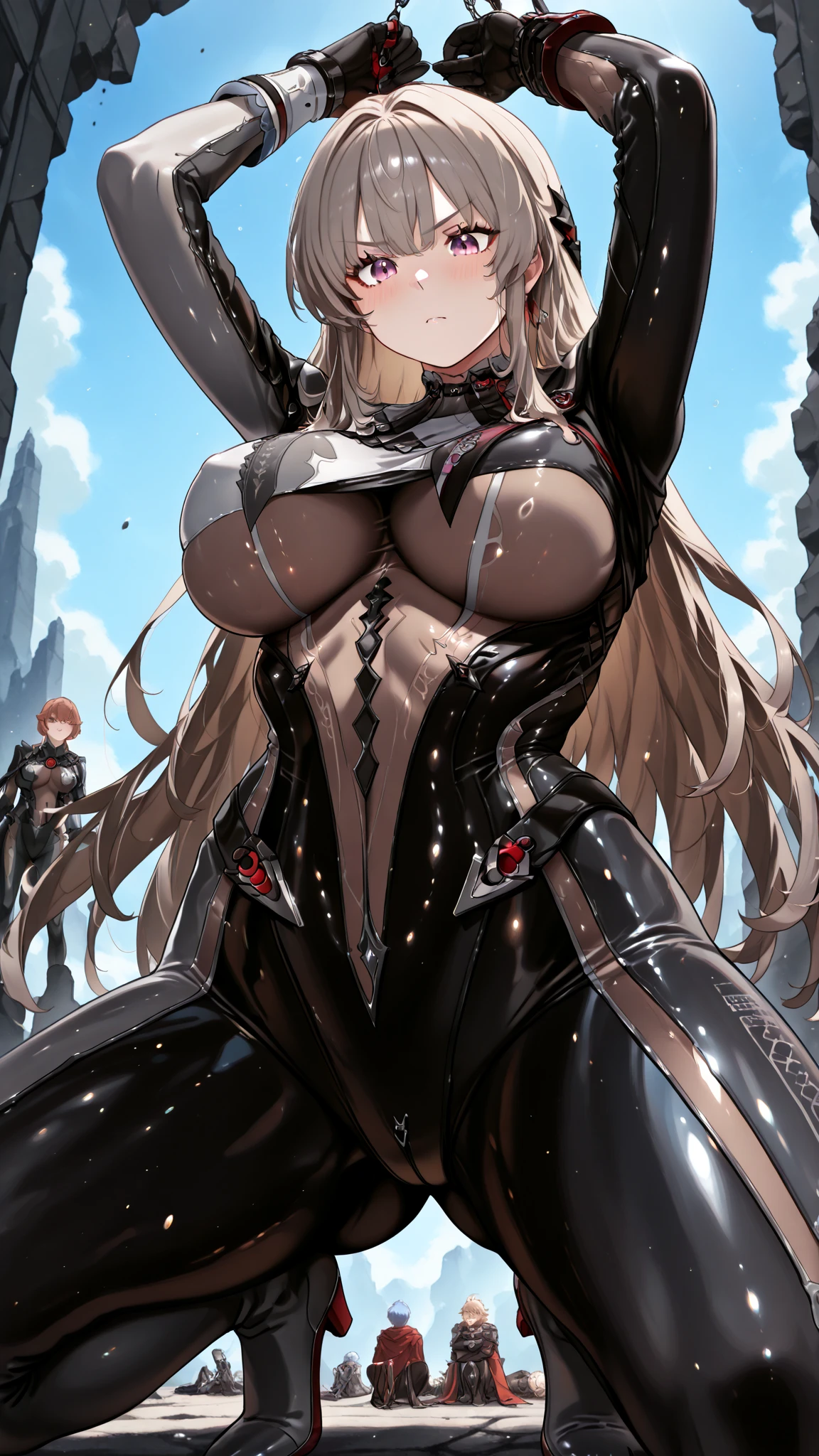 ((nakamura regura)), (masterpiece),best quality, ultra-detailed, Perfect Face, looking at viewers, ((Adult Female, Cool Girl, Badass, Swag, noble, Demon, Horns)), ((Blond Shine Hair)), (Long hair), (red shine Bright Eyes), ((Beautiful Girl, Beautiful Face, Beauty face, beauty eyes)), Closed Lips, Glossy lips, Perfect Sexy Body, (Large Breast), ((black sexy armor, silver element, black transparent bodysuit, cleavage)), High Details, Detailed face, Detailed Clothes, Indifferent, BREAK ((cowboy shot)), ((Front view)), (Fantasy Background), bokeh, depth of field, HDR, Ray tracing, RTX, high saturation, high contrast, photon mapping, best texture quality, best compotitions, (extremely detailed CG)