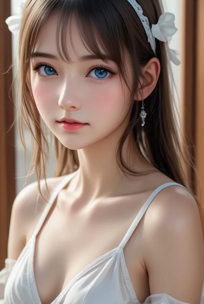 (Close-up:1.4)、(RAW photo:1.2)、(photorealistic:1.4)、(masterpiece:1.3)、(highest quality:1.4)、solo、7 head and body、(beautiful detailed eyes)、(charming big eyes)、(beautiful double eyelids)、(beautiful and detailed face)、natural makeup、long eyelashes、(gentle smile:1.2)、(Detailed clothing features)、Transparent skin、(shiny skin)、(slender and beautiful girl)、(cute face)、(cute:1.2)、(gentle smile:1.2)、(beautiful breastedium breasts:1.3)、