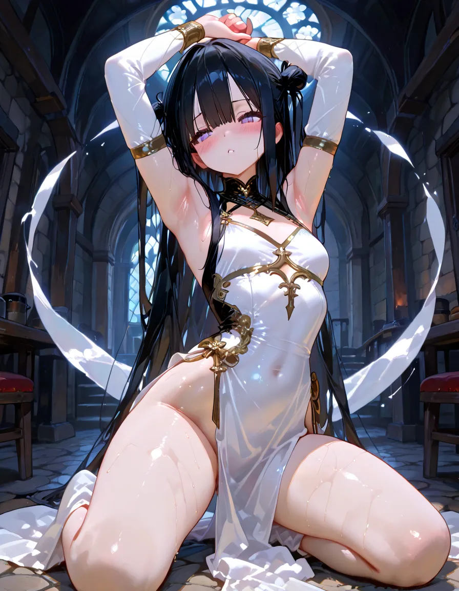 {{amazing quality, great quality, high quality, very aesthetic, aesthetic, best quality}}}},
realistic, photo, shadow, Three-dimensional, absurdres, Digital art,
{{{{Magical girl}}}}, beautiful girl, one girl,
black hair, long straight hair, hair, trimmed hair, shiny hair, blunt bangs, short sideburns,
brown eyes, tareme,
{{flat chest}}, {{small breasts}}, {{detailed body}}, slim thighs, thin thighs, {{{{{Princess Knight}}}}}, {{{{white full body tights}}}}}, {{{golden breastplatered}}}, {{{Visible chest}}}, {{gold chest armor}}, {{gold arm armor}}, {{gold leg armor}}, {{{{covered navel}}}}, {{{both shoulders expose}}}, heart-shaped choker on left arm, upper body, heart brooch, white headband, white circlet, distress, resistance, defeat, inferiority, sexual pleasure, troubled face, shy, orgasm, trembling, disheveled hair, torn clothes, wet clothes, melted clothes, damaged clothes, take off one's clothes, transparent clothes, half-naked, groin, vagina, {{{{{紳士ハンド}}}}}, monster's hand floating in the air, Massaged by multiple monster's hand, Mangled by multiple monster's hand, multiple perverts, clothed sex, Intercrural legs, rape, bind, restrain the arms, restraining legs, attacking multiple monster, My chest is caressed by multiple monster, My crotch is caressed by multiple monster, My body is licked by multiple monster, My armpits are licked by multiple monster, My nipples are licked by multiple monster, My crotch is licked by multiple monster,