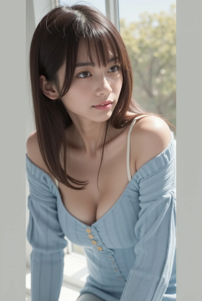 Nipples are visible、(RAW Photos), (Realistic), (masterpiece), (highest quality), High resolution, 8K resolution, (Intricate details), (Volumetric Light), Portraiture, woman,, short hair, Straight hair, Layered Hair, Brown haired, Highly detailed eyes, Source order, Very thin eyebrows, Highly detailed skin, Highly detailed mouth, Highly detailed nose, Cute like an idol, smile, ((Thick lips)), ((Look at the viewers)), (Elegant blouse)、Cleavage、Cleavage、The color of the clothes is up to you、The color of her underwear is see-through blue、