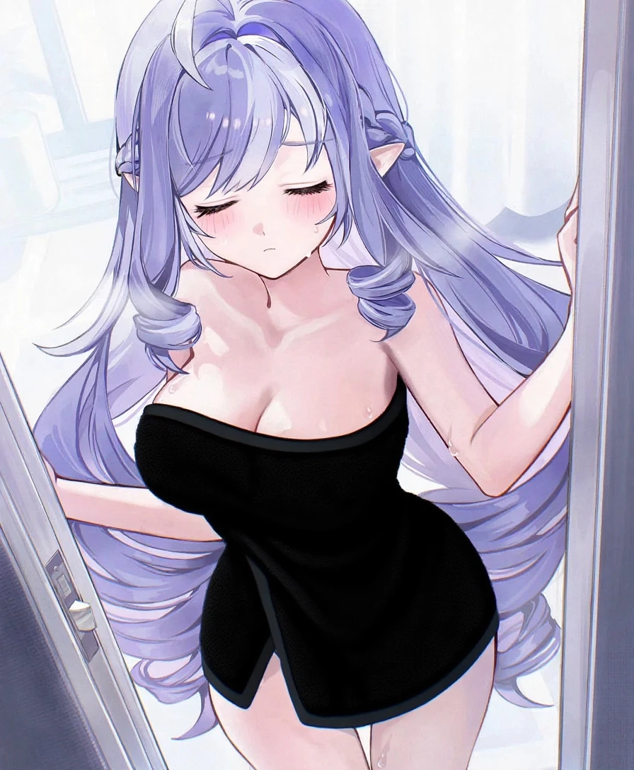 Anime girl with long light purple hair, wearing a bath towel in the bathroom, epic mage girl character, dark witch character,
