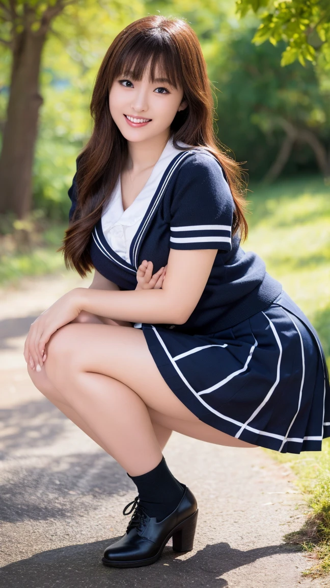 Pure Japanese school girl, wearing uniforms and blouse and skirt, sneakers, natural makeup, natural hair styles, sweet smile, sexual attractive, sitting and relaxing, lift up skirt, (Panty), professional portrait photography, dazzling summer sunlight,