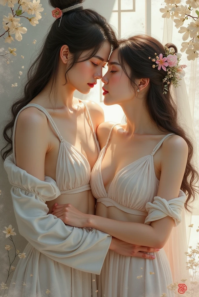 (highres),(realistic)
Renaissance, Vintage:1.4, 2 very young Girls, close friends and lovers, Frilled Dress, low cleavage, Long Sleeves, Jewelry, Window, Indoor, Detailed Face, Soft Lighting, Delicate Textures, Antique Furnishings, Elegant Pose, Hugging and kissing, hands on boobs, Subtle Colors
