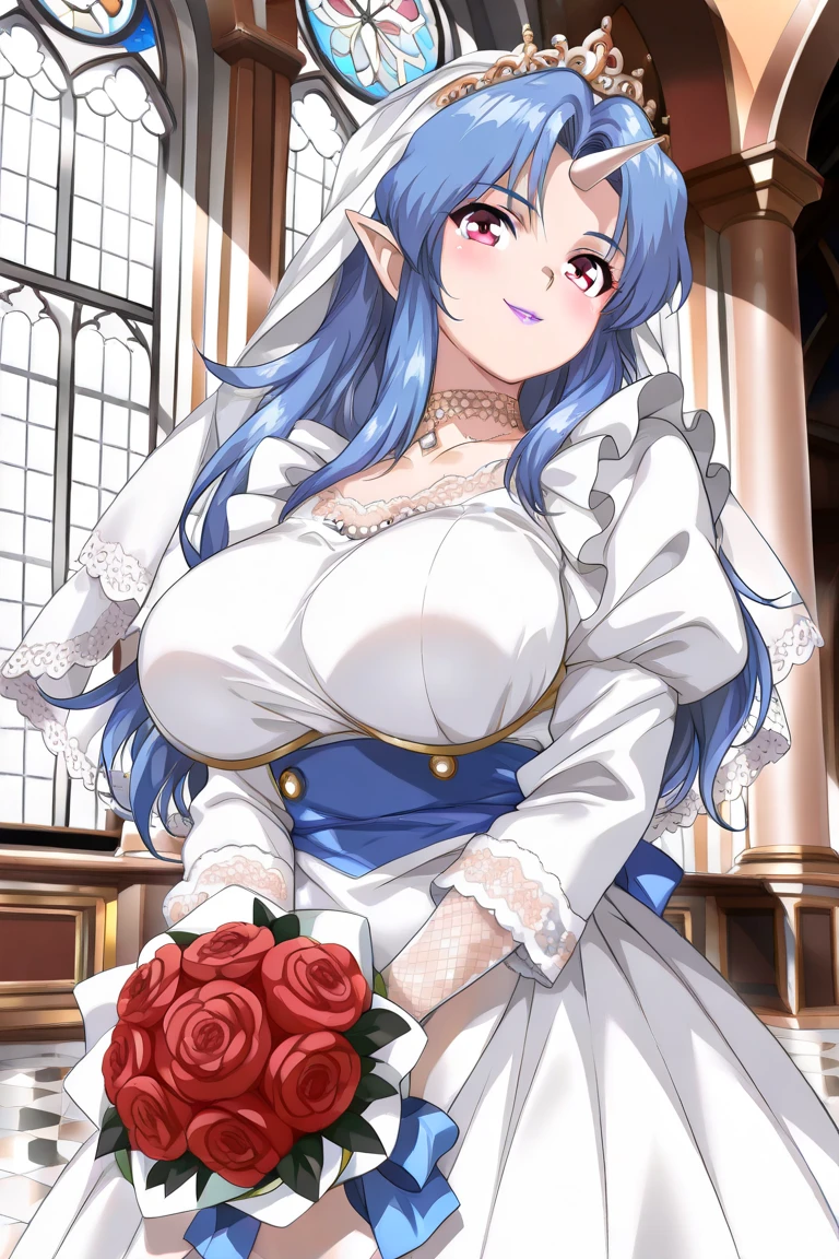 (masterpiece, best quality, game cg,highly_detailed,extremely_detailed_CG_unity_8k_wallpaper,illustration,highres,absurdres:1.2),1woman,solo,pov,(upper body focus,portrait:1.2),cowboy shot,window shade, light particles,<lora:EveWakamiya:0.7> wakamiya eve, best quality, church, stairs, (bride:1.3), (princess:1.2), Beautiful Finger,Beautiful long legs,Beautiful body,Beautiful Nose,Beautiful character design, perfect eyes, perfect face, blush, earrings, lipstick,( bridal veil:1.1), dress, elbow gloves, gloves, indoors, makeup, petals, thighhighs, veil, (wedding dress), white dress, white gloves, white thighhighs, white garter belt, hair flower, uchikake, (see-through legwear:1.2), (red roses,flower bouquet,holding flower bouquet),climbing stairs,looking at viewer, breasts, normal breast, (smile:1.2),(adjusting hair), naughty face, looking at viewer, breasts, collarbone,