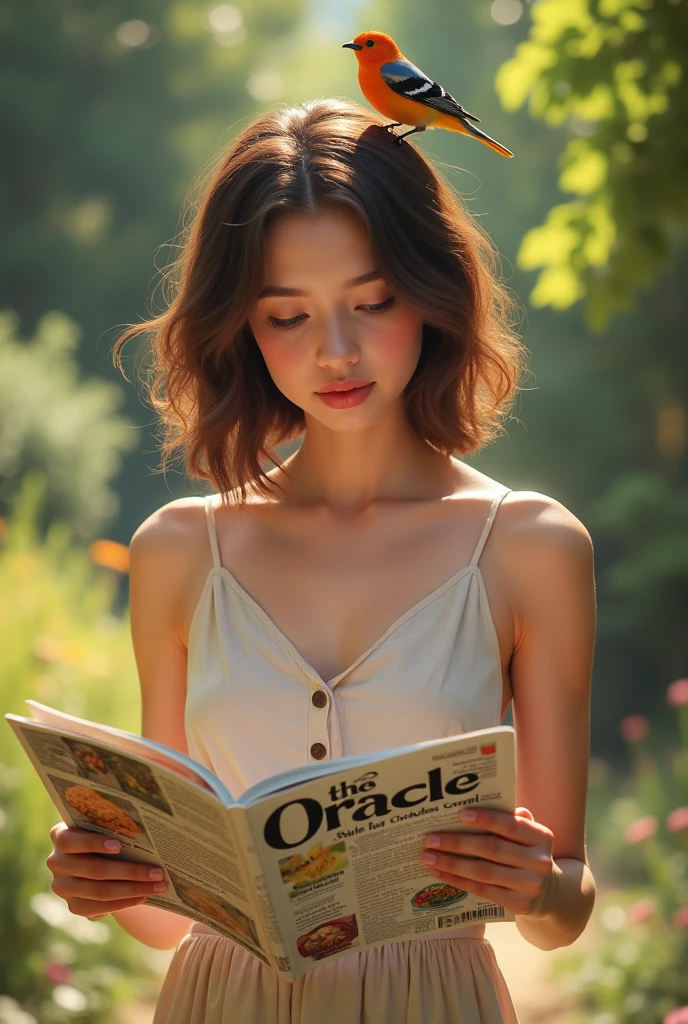 work of art, best qualityer, ultra detali), portrait of an 18 year old woman with light brown hair, rolled green eyes, beige blouse and jeans smiling and blue shorts sung under a tree (leaning against the tree) and reading a brown book -auto ultra realistic -  