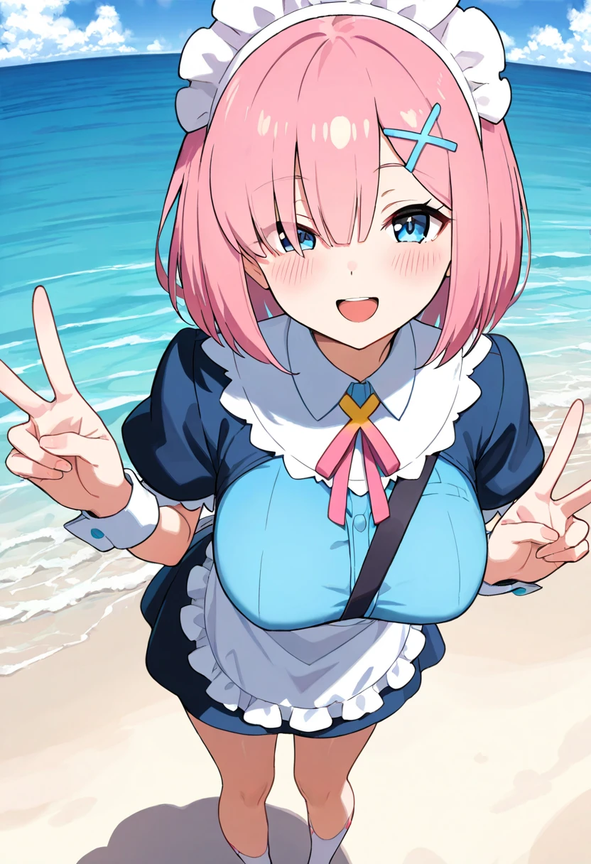 1girl, large breasts, breasts, wide hips, thick thighs, mature female, pink hair, very short hair, short hair, blue eyes, black headband, headband, maid headband, thighhighs, smile, maid, light smile, happy, bikini, white bikini, skirt, beach, robot girl, 