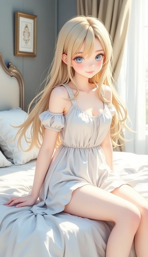 Masterpiece, Top Quality, Highly Detailed, Dress, Alone, ((Contrasting Eyes)), (lying down), (spreading legs), arms raised, armpits, from above, smiling, bedroom