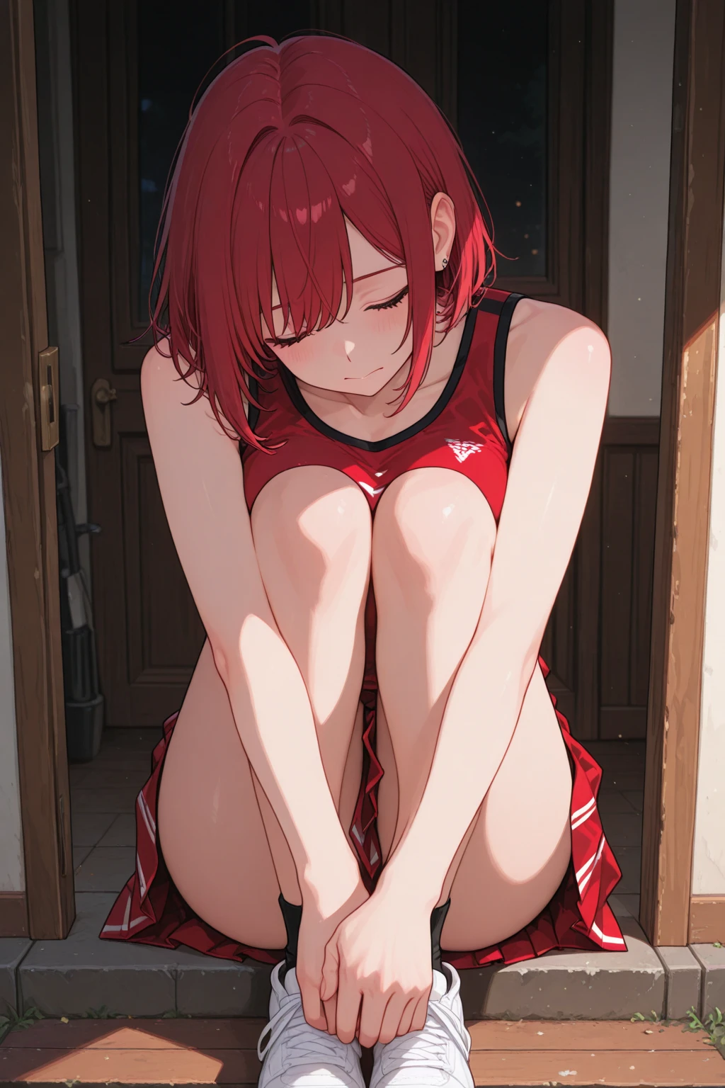 underdressing，Camel toe，shy，Red Eyes，Sweat，Soaked，liquid，transparent，Expression of disgust，Sitting