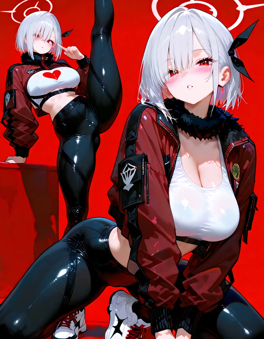 Accentuate the crotch,Draw the crotch,View from below,blush,Drawing the whole body of a beautiful woman,Extraordinary beauty,Beautiful woman with Big Breasts,Doing squats,Detailed Abs,Background concrete wall,underground,Crotch detail,Underwear that digs into the crotch, Short Hair, Sweat,Dynamic pose,Big Breasts,Beautiful woman,Toned body,Sweating, high quality, Beautiful crotch,Sweat profusely,White skin,Black Leather Gloves,Concrete floor,Silver Plate,