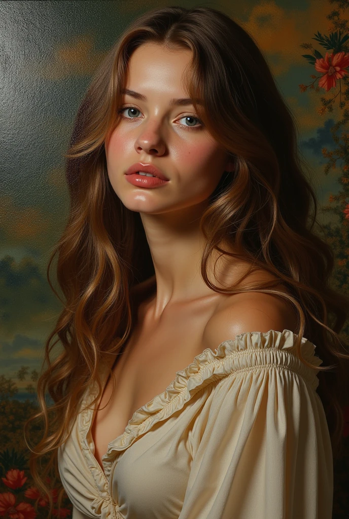 beautiful detailed eyes, beautiful detailed lips, extremely detailed eyes and face, long eyelashes, 1 female nude figure, full body, sitting wide-legged, oil painting, masterpiece, highly detailed, photorealistic, cinematic lighting, warm color palette, striking composition, dynamic pose, hyper realistic, detailed skin texture, intricate details, chiaroscuro, Renaissance style