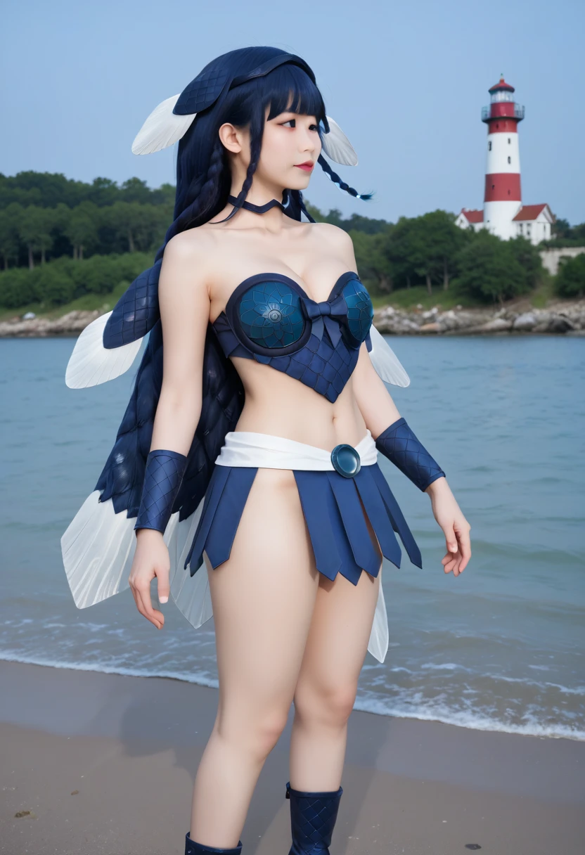 low angle,from below,very windy,skirt lift,panty shot
(1girl),(Raiden Shogun in Genshin Impact), ((masterpiece, highest resolution,best quality)), (beautiful illustration),(semi long beautiful dark blue hair),(beautiful blue eyes), (white elegant see through camisole), (looking at the viewer),
innocent smile, white over-kneehighs,Lace chalker, wristband, fingerless gloves, over-kneehighs,
Lace chalker, diamond necklace,wristband, fingerless gloves, earrings, windy,cinematic lighting, beach, sand, blue sky, waves, coconut tree,