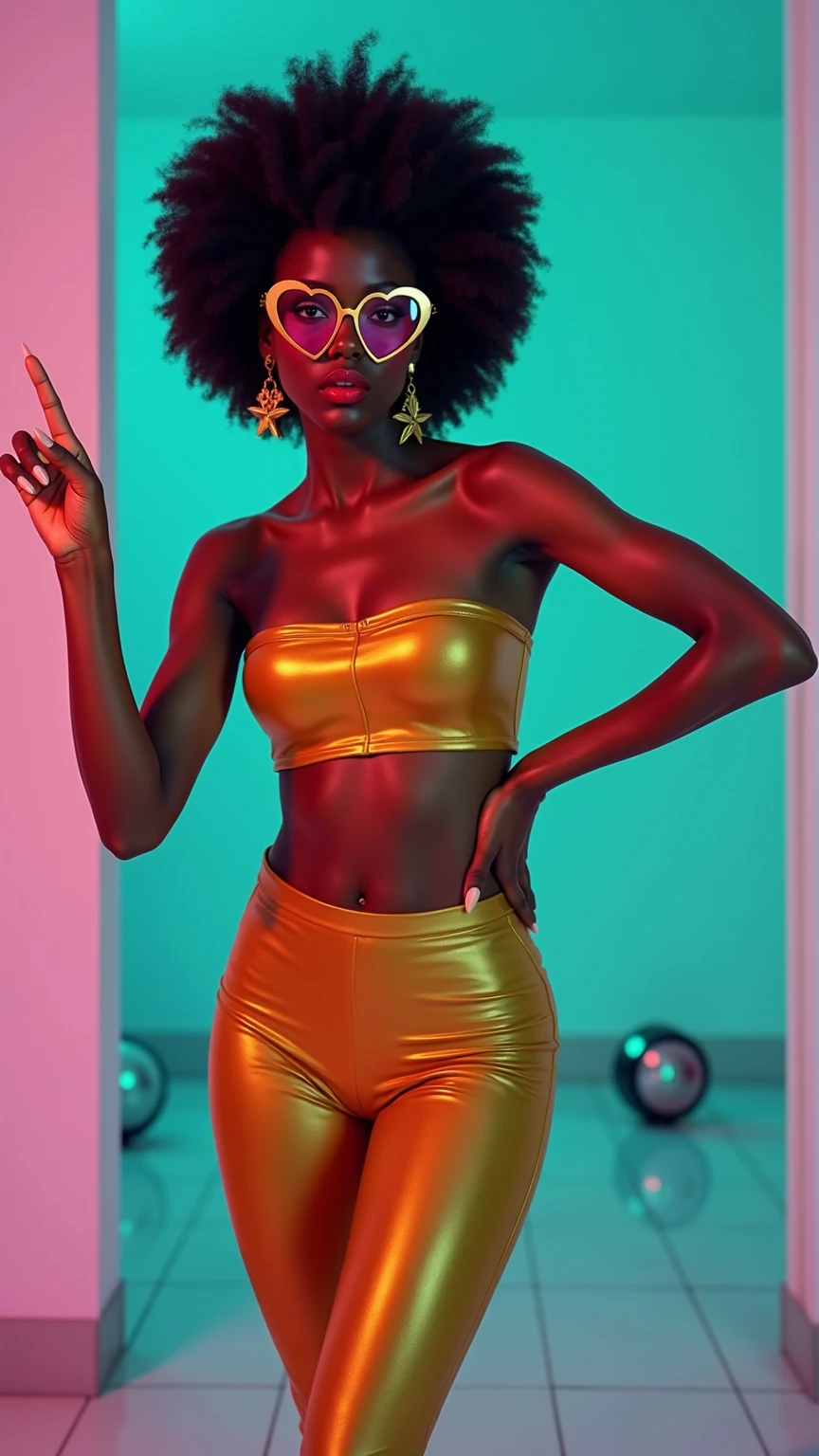 (high contrast: 4.0), maximum quality, photorealistic, film, 8k, intricate details, depth of field, internal, 18mm lens, f/1.2, a woman, black skin, with a 70s outfit is dancing with neon lights, perfect face, bright eyes, skin with intricate details, maximum quality, sweat, dancer, 8K character, afro, beautiful retro woman model, maximum quality, 8k, She is dancing, background with 70's dance floor, photorealistic, neon art of a female body, dynamic dance pose, girl model, afro-disco dance style, disco dance style clothing, maximum quality
