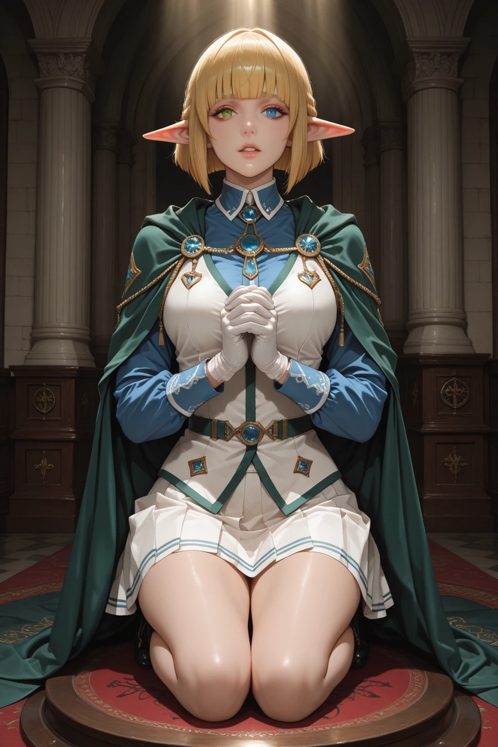 carmilla, medium breasts, Young girl, (((teenager, 16 years)), Witch, Witch, slytherim, green clothes, hood, hood, Hogwarts al fondo, Hogwarts, evening, night,by white, beautiful face, blue eyes, (Masterpiece:1.2), Best Quality, absurdities, high resolution, extremely detailed wallpaper, perfect lighting, from below, socks, stockings, heels, hig heels, pussy