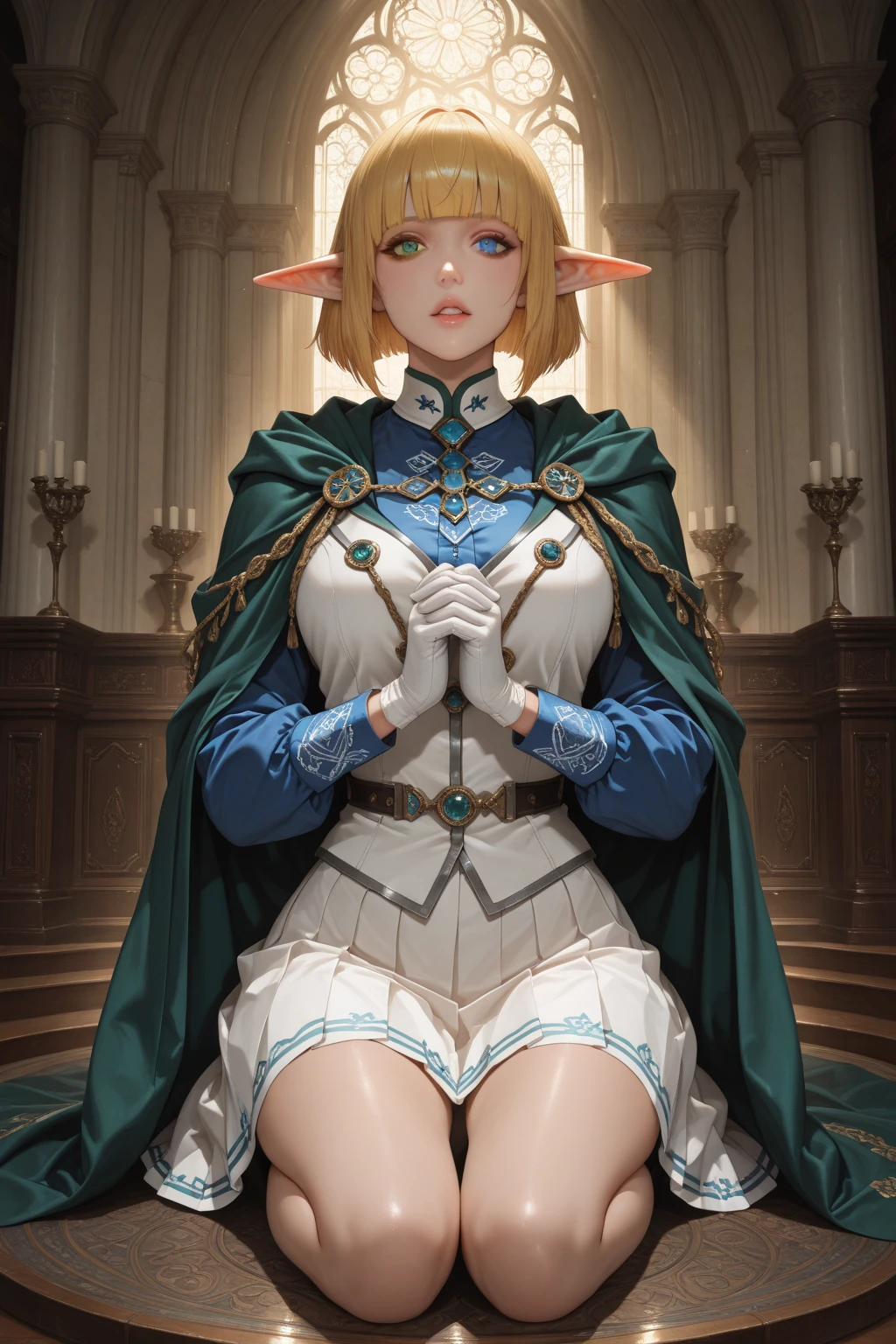 Illustration, detailed illustration, dynamic angle, ultra-detailed, 1girl, elf, beautiful, sexy, short blonde hair, purple eyes, slave, castle background, submissive posture, submissive pose, submissive, slave robes, slave collar, medium breasts, cleavage, head down, looking at viewer, challenging eyes