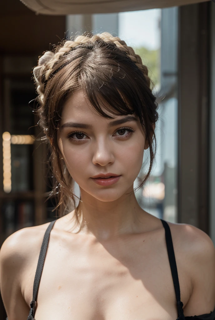 Jeune métisse française japonaise vingtaine, cheveux court noir chignon, detailed face, grand yeux noirs, Beautiful lip, corps naturels, habille streetwear , devant la tour Eiffel, facing the camera