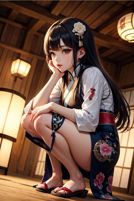 samurai girl, oriental, korean, black hair, straight hair, kpop idol, detailed, 1 girl, beautiful, 8k, artwork, ultra realistic, miniskirt, sitting, legs open, panties, panties appearing, white panties, upskirt, cameltoe, thong, nsfw, pantyshot,