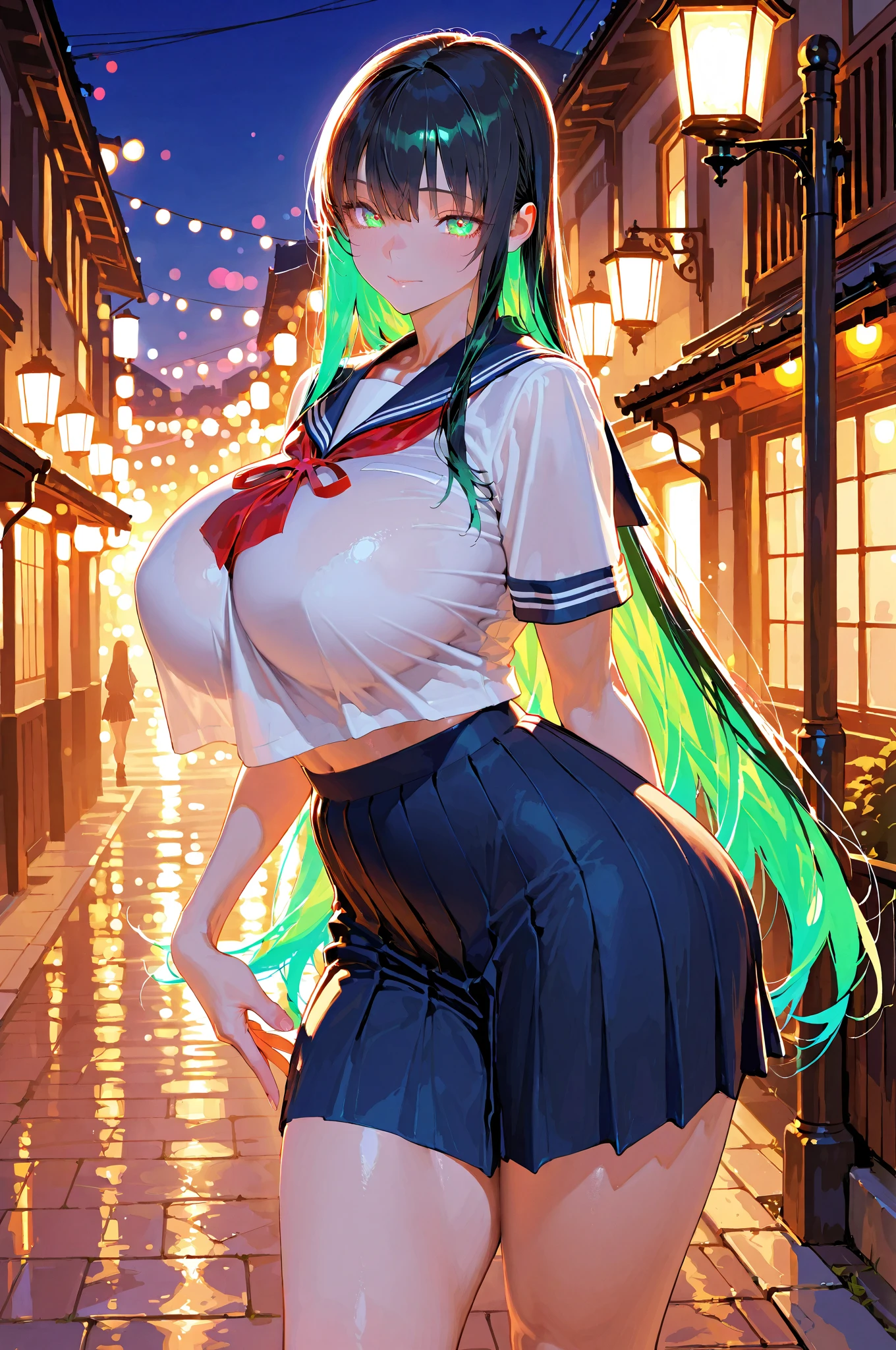 ((A Pretty nude high school girl sitting on the bed)), ((lifting up the white collar shirt)), a red ribbon, wearing the pleated skirt, Baby face, ((top-quality, master piece, ultra-definition, high resolution)), anime girl, ((ultra-detailed illust:1.2)), 1 girl, bangs, hair between eye, green hair, beautiful hair, blue colored eyes, Shiny eyes, ((detailed eyes:1.2)), ((super gigantic breasts:1.3)), huge breasts, Soft breasts, cleavage of the breast, show breasts, emphasize the breasts, focused on breasts, ((erected nipples)), Big smile, enjoyed, laughing, opened mouth, belly button, slender thighs, take off clothes, Night view from the window, ((fireworks in the background)), ((in the Dark room, Backlighting))