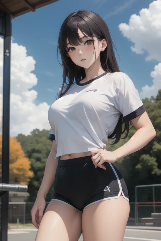 masterpiece、、1 female student、(((Missing arm，bare arms，black short sleeves)))white cloth bun、Shoulder leakage、chubby、Smile、(((、lace slap、black yoga pants)))pale pink lips、posing at school，（Soaked all over），legs are open， solo, White Polo Shirt, looking at the audience,  (Thick thighs:1.0),It&#39;s raining,Red eyes, Blushed,blunt hair,flower headdress，lawn，hands on hips，creek，black hair