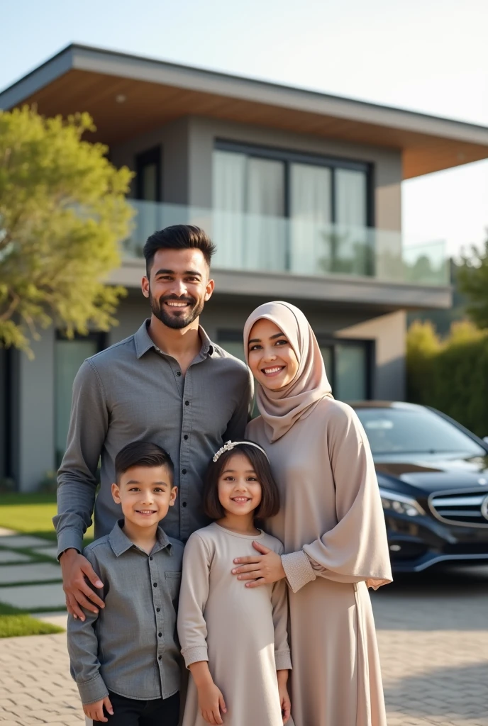 A 27 year old man wearing glasses with a 25 year old woman wearing a hijab and a 3 year old child sitting in front of a yellow BMW car.