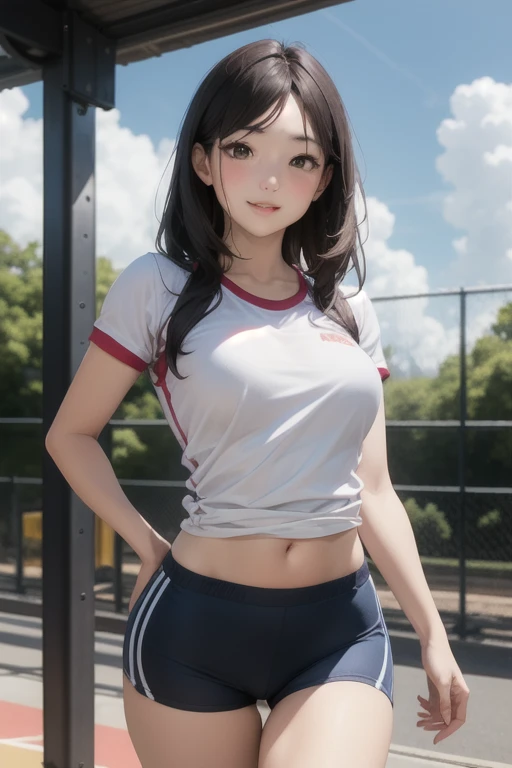 (masterpiece:1.2, Highest quality), (Realistic, photoRealistic:1.4), Beautiful illustrations, (Natural Side Lighting, Cinema Lighting), Browsing Caution, View your viewers, 1 Girl, Japanese, high school girl, Perfect Face, Cute and symmetrical face, Shiny skin, (Mid-length hair:1.5, Double-sided:1.2, Light brown hair), Hair between the eyes, Golden Eyes, Big eyes, Long eyelashes, (Medium chest, Thick thighs), thin, Beautiful detailed hair, Beautifully detailed face, Beautiful attention to detail, Beautiful clavicle, Beautiful body, Beautiful breasts, Beautiful thighs, Beautiful feet, Beautiful fingers, (Gym suit, Blue Bloomers), (Beautiful views), evening, (Schoolyard), Sitting, (Cute smile, Upward glance, Part your lips),
