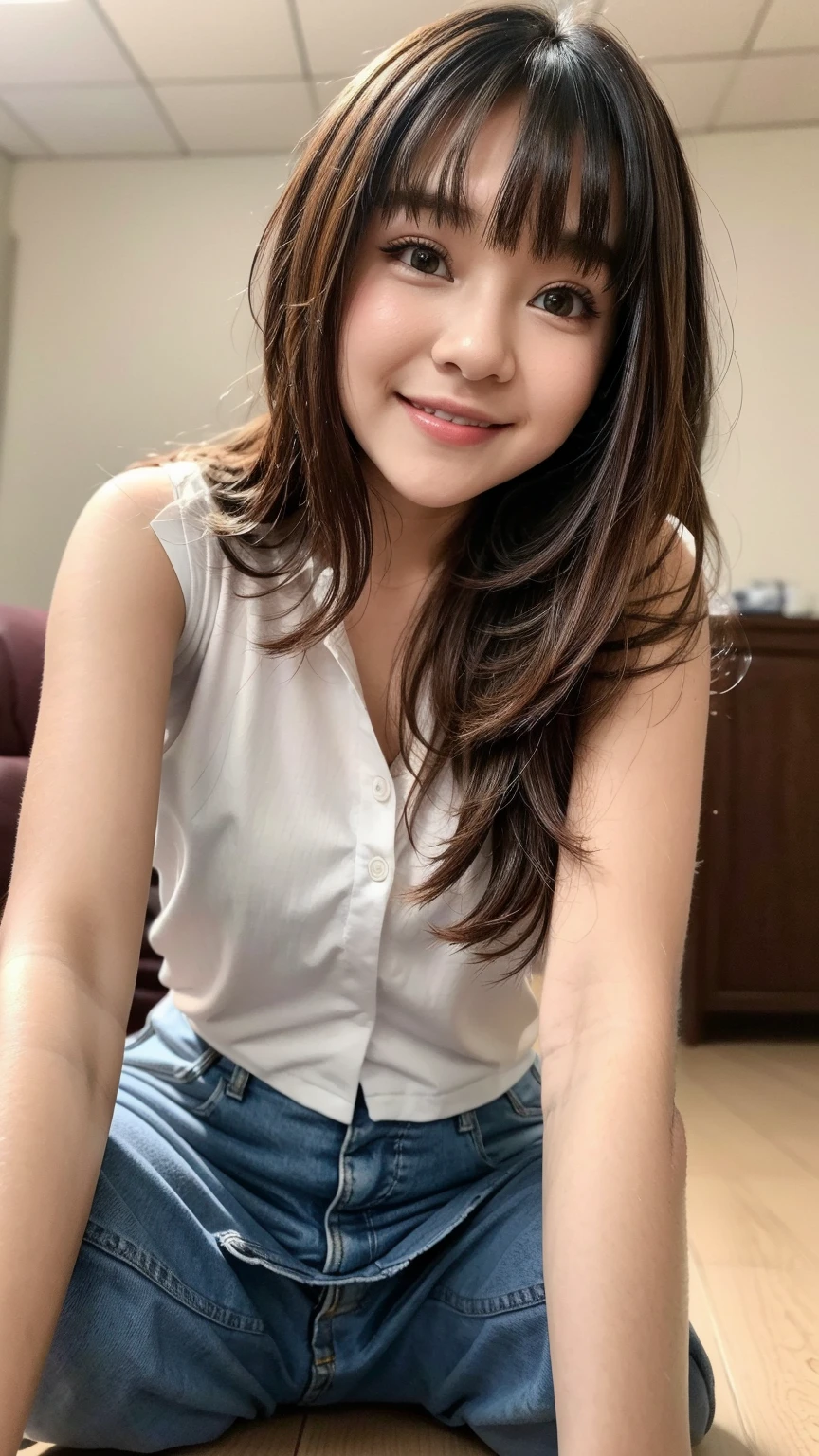 <lora:A_SMA_Uniform_v1a:1> Ultra-realistic 8k CG,masterpiece,best quality,(photorealistic:1.4),(EOS R8,50mm,F1.2,8K),HDR,absurdres,Professional,RAW photo,(film grain:1.1),Bokeh,((Depth of field)),raytracing,detailed shadows,Polaroid,sunlight,1 girl,looking up, from above,(korean hair style:1.1),(seductive face), sma_uniform ((unbuttoned)), schoolgirl uniform, white shirt, grey skirt,bound hands,(arms behind back:1.1),,blushing face,(nsfw:1),(dim-lit room :1.1),classroom, Studio lighting,slim body,sharp focus