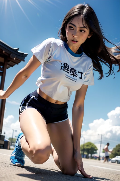 ,(tanned skin:1.3), japanese female,mascular thighs,sport jersey short pants,white t-shirt,curvy,at park,sandals,natural black hair,standing,dynamic pose,,(from below,thighs focus),sideshot