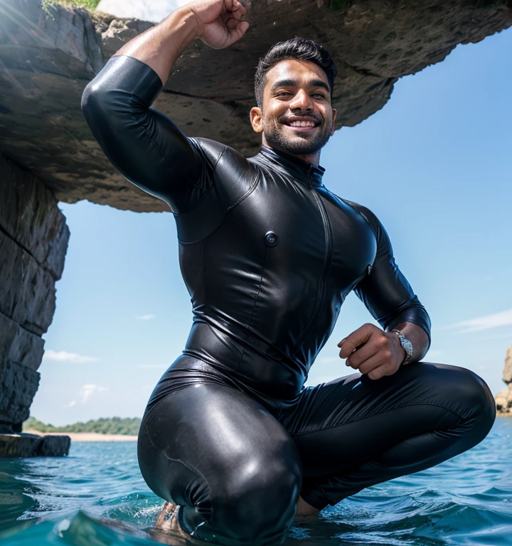 Male, posing in sexy scuba gear and a tight wetsuit, realistic, high quality, sinking in deep quicksand