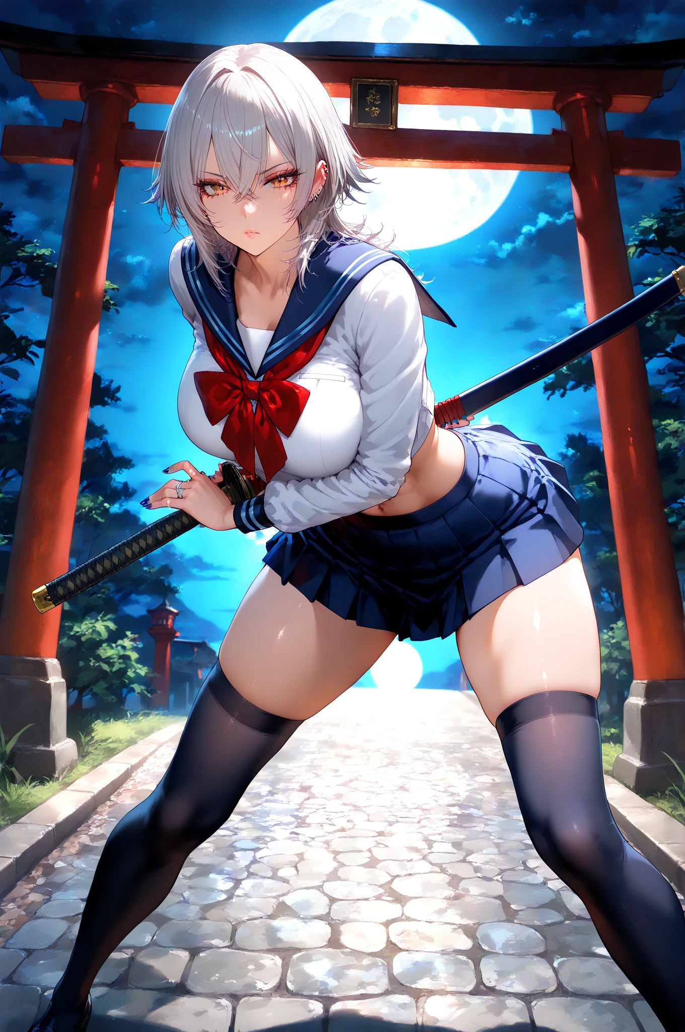 Embora pequeno e tem uma figura perfeita,、Warrior with small breasts holding a huge scythe behind her hand, Japan set of sailor suits followed by wearing capes、The main color is matte black、The second color is purple, It's not underwear underneath Japan's sailor suit, His Japanese sailor's costume was deduced、reduzido, Ela transpira、the body is very wet(circunstanciado), Ela tem uma tatuagem no corpo, She overcame it with a sexy, demonic aura., It is an original character drawn with the whole body, alta qualidade, Obras,16 mil, Anotomaticamente preciso e ultra-detalhado, Esta menina tem um par de olhos educacionais, Facial Emotion, rabo de cavalo alto, Virgem de 20 anos, She's walking under the moon and in the middle of the street