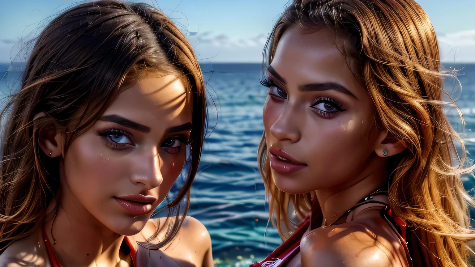 a group of people on the beach in rio de janeiro, brazil, cinematic realism, detailed characters, detailed facial features, beautiful detailed eyes, beautiful detailed lips, extremely detailed eyes and face, longeyelashes, beautiful detailed skin, intricate clothing textures, cinematic lighting, warm color palette, golden hour lighting, dramatic shadows, high quality, 8k, hyperrealistic, masterpiece, photorealistic
