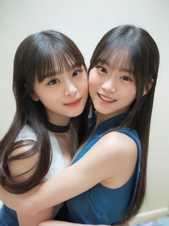 two young girls are posing for a picture in a studio, beautiful gemini twins portrait, portrait of two girls kissing, beautiful gemini twins, kissing together cutely, two beautiful anime girls, with a twin, twintails, nixeu and sakimichan, twintails hairstyle, two pigtails hairstyle, yoshitomo nara and aya takano