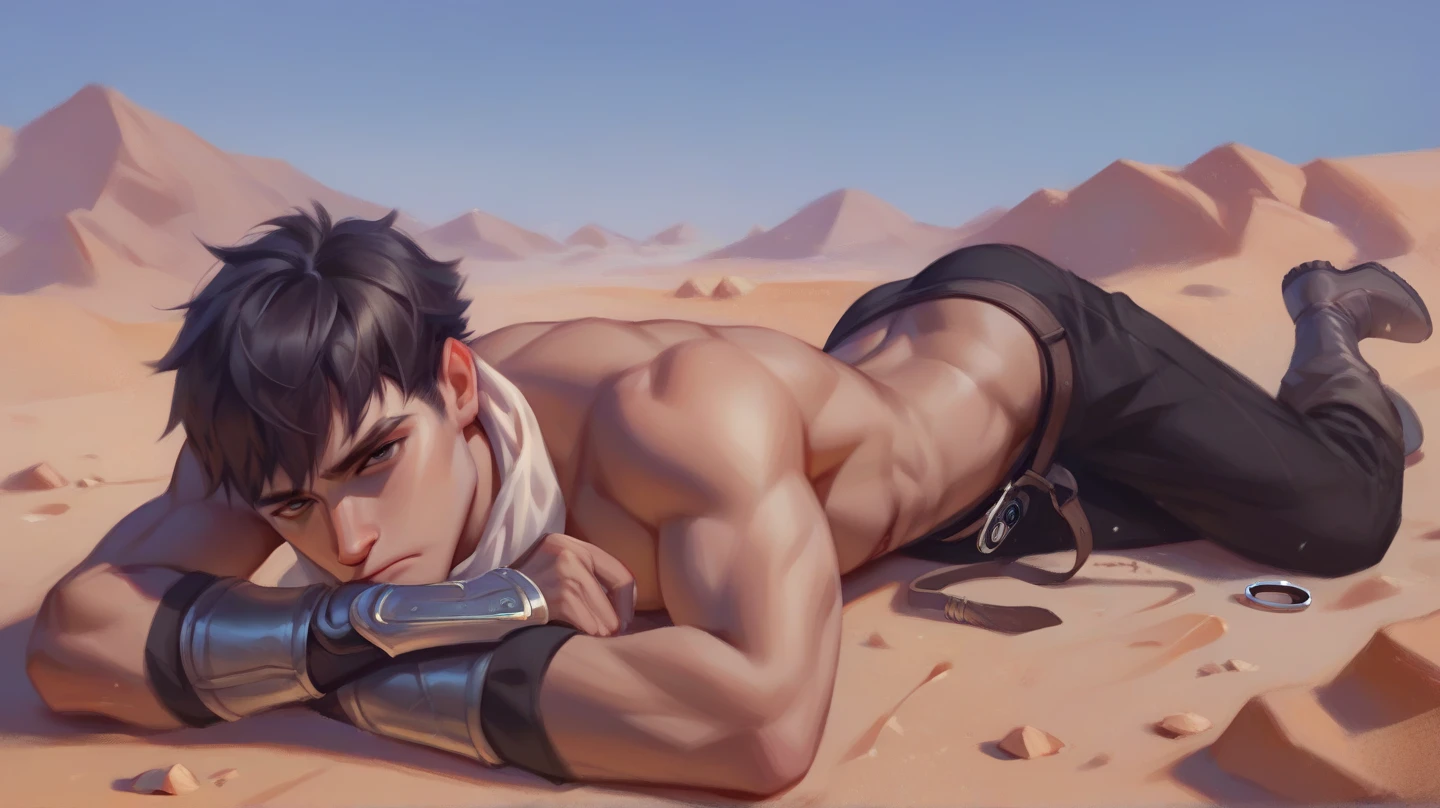 Male arab warrior, medivial, black balaclava, black bandage, black clothes, thin waist, skinny body, makeup, black eyeliner, femboy, choker, light skin, laying on the sand, black pants, white long bandage gloves