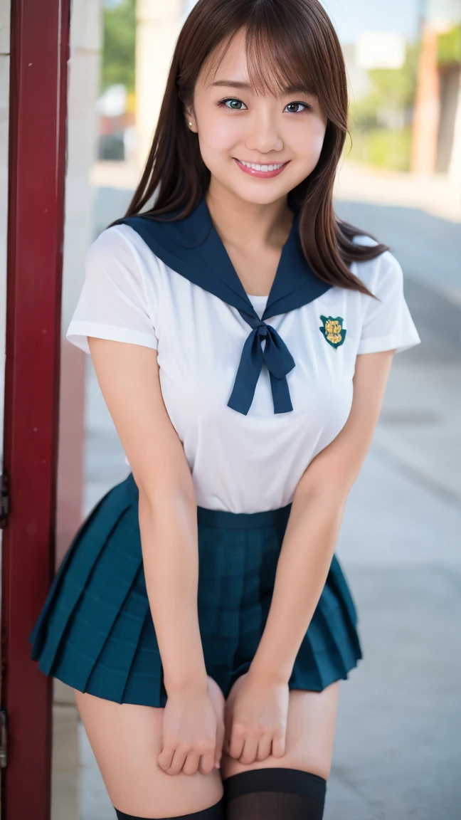 (((full bodyesbian)))、((Girls' High School Uniforms))、((1a person))、Close to the subject、((a miniskirt))、(((school buildings)))、(((ssmile)))、(((Girls' High School)))、((a beauty girl))、((sexy pose))、Photorealsitic、Beautiful detailed eyes、Hyper-Realism、highcontrast、Ultra HD、realistic skin textures、Top image quality、top-quality、超A high resolution、Fine details、Very meticulously